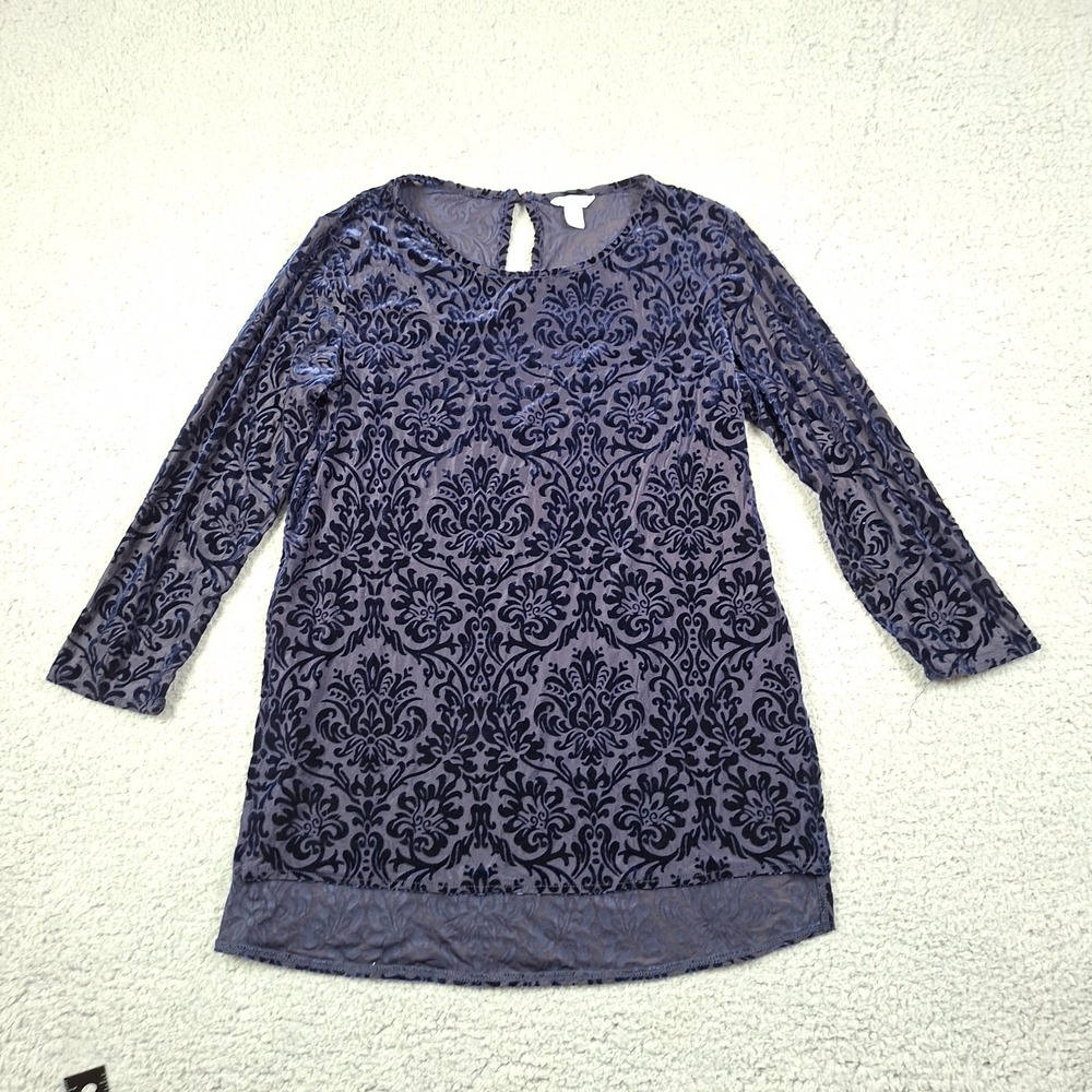 Blue Velvet Burnout Top 3/4 Sleeve Damask Satin Hem Whimsigoth Dark Romantic S